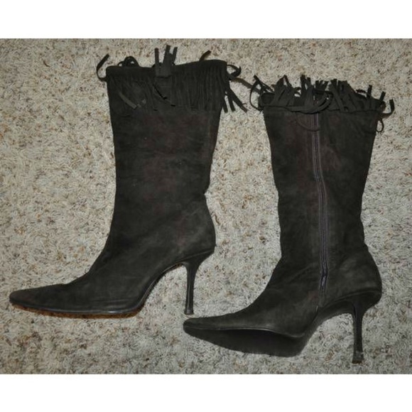 Leather Boots Dress Colin Stuart Brown size 8 Heels Mid Calf Fringe Pointed Toe - Picture 1 of 4